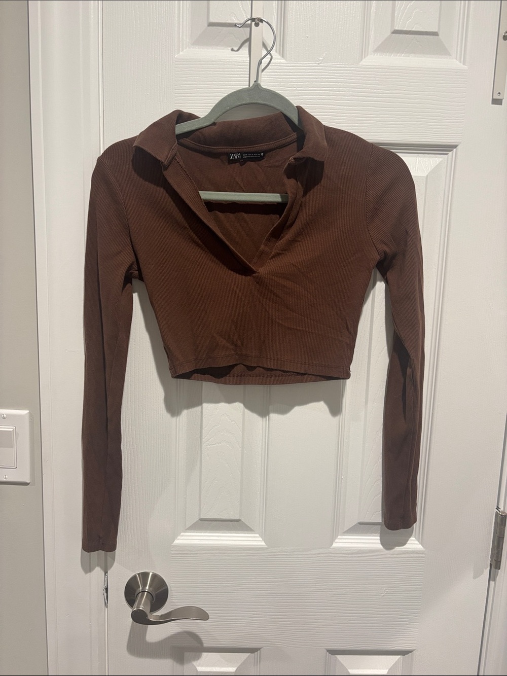 Zara Chocolate Brown Ribbed Cropped Polo Top